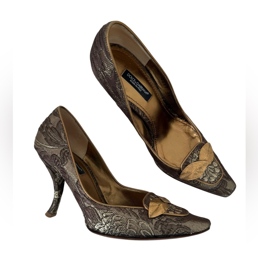 Dolce & Gabbana Metallic Gold/Brown Fabric Leaf Motif Pointed Toe Pumps EU 35